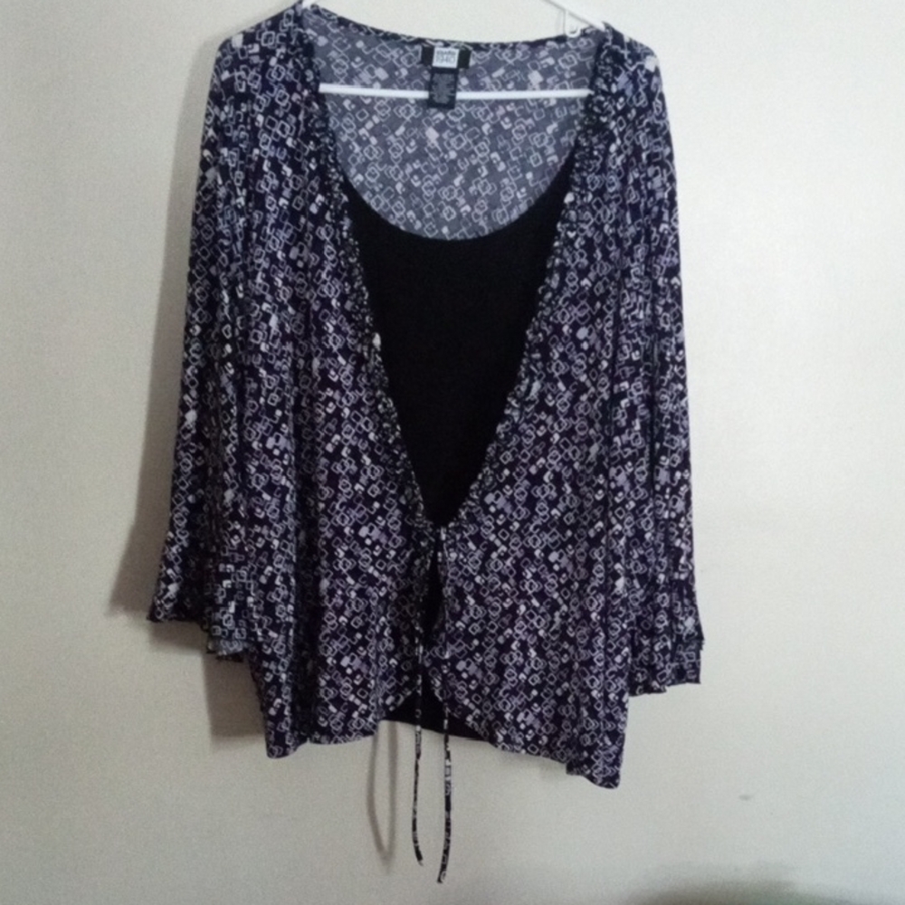 Studio 1940 Blue and Black Paisley Boho Floral Top with Tie and Faux Camisole